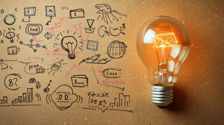 Capture the spark of innovation with this captivating visual, where light bulbs illuminate ideas on a cork board Witness a vibrant tapestry of brainstorming and creative visualization, intertwined with strategic planning Unleash the power of innovative concepts and experience the transformative journey of visionary thinking AI Generativeの素材