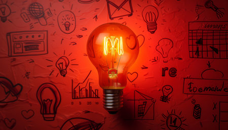 A vibrant backdrop of red sets the stage for an explosion of creativity A glowing light bulb, a beacon of brilliant ideas, stands out against a canvas of scribbled sketches, hand-drawn diagrams, and abstract shapes This image captures the essence of innovative conceptual creativity, where imagination knows no bounds and ideas ignite like sparks in the mind AI Generativeの素材