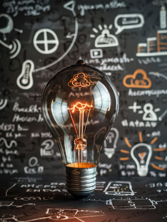 A brilliant illuminated light bulb against a chalkboard canvas adorned with hand-drawn creative concepts and ideas This vibrant backdrop symbolizes innovation, creativity, knowledge, and brainstorming, conveying a sense of illumination and intellectual stimulation AI Generativeの素材