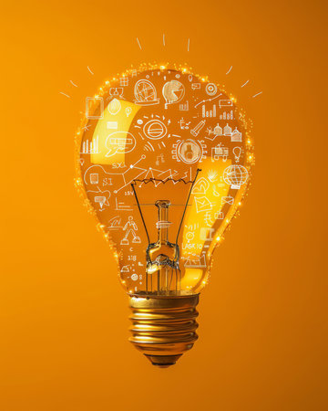 Electric bulb emanates radiant light, casting an ethereal glow on a vibrant yellow backdrop Embedded within its luminous core are an array of icons, symbols of innovation and progress Technological gears intertwine with creative brushes, representing the fusion of imagination and ingenuity Business charts and graphs gleam, reflecting the pursuit of solutions and success This captivating image embodies the transformative power of ideas that illuminate the path to advancements, capturing the essence of innovation in a stunning visual representation AI Generativeの素材