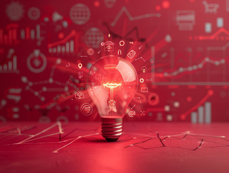 Capture the essence of innovation with an image featuring a vibrant red light bulb, symbolic of groundbreaking ideas Set against a backdrop of financial graphs and data analysis, this image conveys the intersection of creativity and strategy Showcase the potential for harnessing insights to drive success, making it perfect for business presentations, marketing campaigns, or stock image libraries AI Generativeの素材
