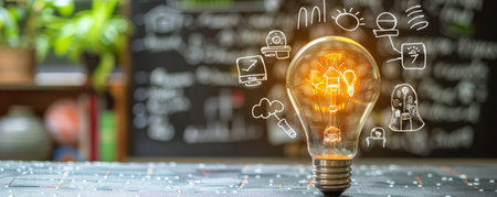 Conceptual representation of innovative ideas and creative solutions, symbolized by a glowing light bulb surrounded by brainstorming icons sketched on a chalkboard This image embodies the brainstorming process and the generation of groundbreaking concepts for business and educational endeavors AI Generativeの素材