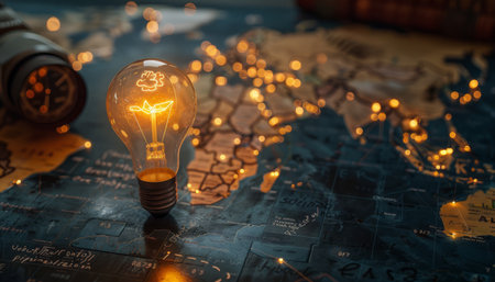 An illuminated light bulb erupts with ideas on a globe amid antique accessories Glowing lines connect continents, symbolizing global exchange and innovation Vintage aesthetics create an atmospheric backdrop, evoking a sense of history and timeless inspiration AI Generativeの素材
