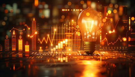 In a realm where innovation illuminates, a captivating light bulb concept emerges, casting its brilliance upon abstract financial data and futuristic technology Digital elements intertwine with the vibrant hues of the bulb, symbolizing the transformative power of knowledge and technological advancement in shaping our financial landscape AI Generativeの素材