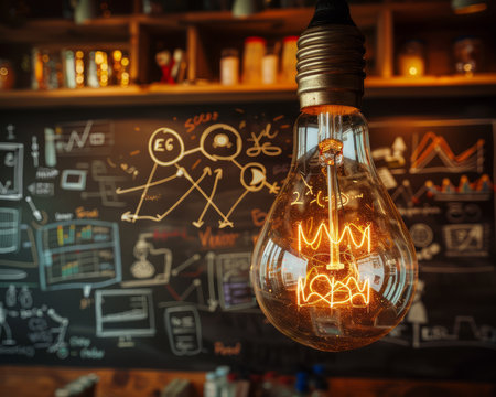 Innovative minds converge in a modern workspace, where Edison bulbs cast a warm glow over a tapestry of ideas Chalkboard diagrams map out business strategies, while technical drawings sketch the future Brainstorming sparks illuminate new possibilities as creative sparks fly in this vibrant environment AI Generativeの素材