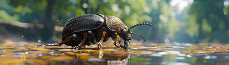Immerse yourself in nature&#39;s intricate tapestry with this stunning close-up A vibrant beetle traverses a forest trail, its iridescent exoskeleton shimmering under dappled sunlight filtering through the canopy Witness the extraordinary details of this tiny marvel as it navigates its verdant domain AI Generativeの素材