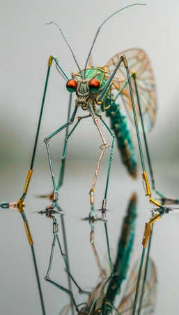 Capture the intricate beauty of an insect standing on a water surface, showcasing its vibrant colors, delicate antennae, and compound eyes The intricate reflections of the insect on the water create an ethereal atmosphere, enhancing the subject&#39;s ethereal presence This close-up photograph reveals the fascinating details of the insect&#39;s anatomy, providing a captivating glimpse into the wonders of nature&#39;s microcosm AI Generativeの素材