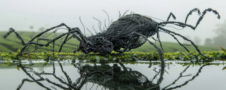 An intricate metal spider sculpture, reflecting on a tranquil water surface surrounded by lush greenery The overcast sky casts a soft, ethereal ambiance, highlighting the sculpture's delicate details and the interplay of light and shadow The combination of the metallic structure, reflecting water, and verdant surroundings creates a captivating and surrealistic scene AI Generativeの素材