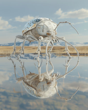 A surreal image of an alien-like insect reflected in water, with a stunning backdrop of mountains and a cloudy sky The intricate details of the bug contrast with the vast natural landscape, creating a sense of wonder and awe AI Generativeの素材