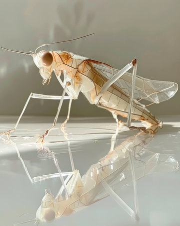 Immerse yourself in the mesmerizing beauty of this close-up grasshopper portrait Its delicate, transparent form reflects upon a lustrous surface, revealing the intricate details of its anatomy Bathed in soft background lighting, the grasshopper&#39;s unique structure captivates the eye, showcasing the wonders of nature&#39;s intricate artistry AI Generativeの素材
