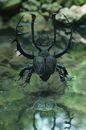 Behold the majesty of a stag beetle, its intricately etched black exoskeleton glimmering in the crystal-clear waters of a serene forest stream Its massive mandibles, like nature's finest blades, seem to reach out from the image, inviting viewers to marvel at their formidable design This close-up masterpiece captures the essence of the forest ecosystem, where beauty and strength coexist in perfect harmony AI Generativeの素材