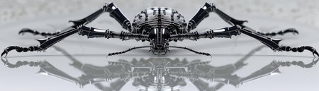 A captivating close-up of a robotic spider, showcasing its intricate mechanical structure in stunning high definition The highly detailed arachnid is positioned against a reflective surface, creating captivating optical illusions and highlighting the complex interplay of gears and joints that bring this marvel of engineering to life AI Generativeの素材