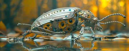 Unveil the captivating beauty of nature in this awe-inspiring macro photograph A mechanized beetle stands amidst a forest&#39;s golden autumn embrace, its intricate details illuminated against a serene, mirroring water surface This conceptual masterpiece captures the harmonious interplay between technology and the natural world, inviting viewers to explore the hidden wonders beneath their feet AI Generativeの素材