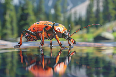 Immerse in the intricate beauty of nature as a vibrant beetle rests by a forest stream Its kaleidoscopic carapace dances with colors, revealing a tapestry of patterns woven by evolution Surrounded by lush vegetation and the gentle caress of water ripples, this close-up unveils the hidden wonders of the natural world AI Generativeの素材