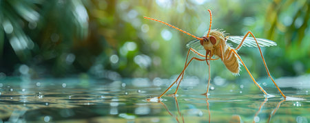 Witness the breathtaking beauty of nature&#39;s microcosm as this stunning macro photograph captures the intricate details of a mosquito resting on water Set against a backdrop of lush green vegetation, the image highlights the vibrant hues and textures of the natural environment This captivating shot reveals the mosquito&#39;s delicate wings, segmented body, and piercing proboscis, showcasing the wonder of the unseen world in extraordinary detail AI Generativeの素材