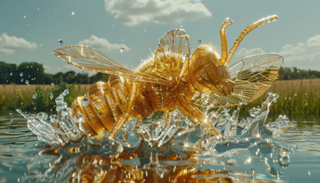 Capture the ethereal beauty of nature with this captivating shot A golden bee, its wings a blur of motion, hovers over a glistening water surface Reflections of the azure sky and fluffy white clouds dance upon the water, creating a surreal canvas The serenity of the natural setting envelops the scene, inviting the viewer to embrace the tranquil wonder of the moment AI Generativeの素材