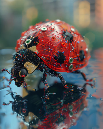 Behold the convergence of nature and technology in this breathtaking close-up of a futuristic ladybug Organic structures intertwine seamlessly with intricate cybernetic components, showcasing an astonishing fusion of the natural world and digital advancements Its vibrant exoskeleton adorned with glowing circuitry creates a captivating visual spectacle, embodying the harmonious dance between life and technology in a rapidly evolving world AI Generativeの素材