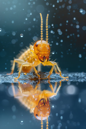 Unveiling nature&#39;s intricate artistry, this macro photograph captures the mesmerizing beauty of an insect perched on a shimmering surface adorned with glistening water droplets The ultra-detailed image reveals the intricate textures, vibrant colors, and delicate anatomy of this tiny creature, inviting viewers to marvel at the wonders of the microscopic world in a breathtakingly clear and captivating manner AI Generativeの素材