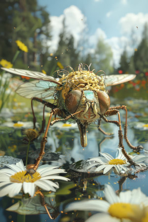 Behold the captivating beauty of nature through a close-up of a delicate insect perched atop vibrant daisy flowers in a thriving meadow bathed in warm sunlight This stunning image captures the intricate details and colors of the insect and its floral surroundings, showcasing the wonders of the natural world AI Generativeの素材