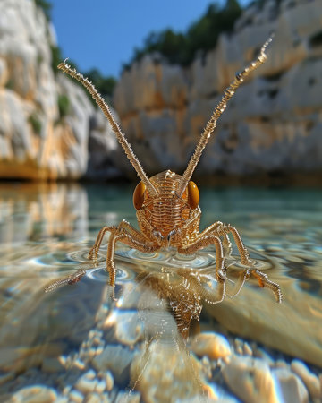 Behold the extraordinary spectacle of a grasshopper perched atop shimmering water in a breathtaking mountain landscape The clear sky and reflective surface create a pristine backdrop, highlighting the insect&#39;s vibrant green hues The grasshopper&#39;s delicate legs gracefully skim the water, creating a captivating study of nature&#39;s intricate beauty AI Generativeの素材
