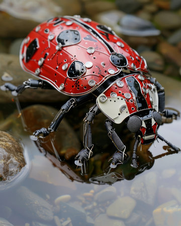 A robotic ladybug sculpture crafted from intricate metallic components gracefully adorns a smooth pebble surface Fresh raindrops gather on the pebble, creating a shimmering reflection that dances across its surface Surrounded by verdant foliage and the gentle caress of nature, this mechanical marvel blends seamlessly with its surroundings, showcasing the harmonious intersection of technology and the natural world AI Generativeの素材