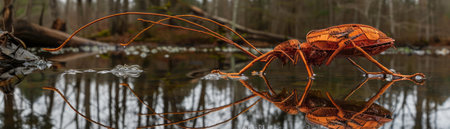 Witness the beauty of nature with this captivating close-up of a vibrant orange long-legged spider Captured near the serene woodland pond, this high-resolution photograph unveils the intricate details and mesmerizing characteristics of this unique arachnid The image highlights the spider's elongated legs, intricate web-weaving patterns, and vibrant coloration This exquisite photo captures the essence of nature's wonders, inviting viewers to marvel at the remarkable diversity of the insect world AI Generativeの素材
