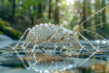 Behold nature&#39;s intricate masterpiece through this captivating close-up macro photograph A pristine white insect with graceful antennae stands tall amidst lush green foliage in the secluded embrace of the forest Sunlight dappling upon the leaves paints a symphony of shadows, while reflections in the tranquil waters below add an enchanting allure This image captures the intricate beauty and enigmatic life of the forest&#39;s hidden inhabitants, inviting viewers to marvel at the marvels that lie unseen AI Generativeの素材