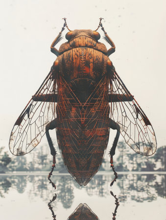 Immerse yourself in the intricacies of nature as a meticulously captured macro photograph reveals the exquisite details of an insect in flight Hovering above a reflective surface, its delicate wings unfurl like intricate lace, while its body texture emerges in sharp relief Bathed in natural light, the subject stands out against a blurred backdrop, inviting viewers to marvel at the beauty and complexity of the natural world AI Generativeの素材