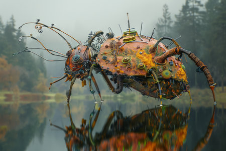 An exquisite steampunk insect sculpture, adorned with intricate gears, springs, and filigree, hovers above the serene waters of a misty forest pond The glistening surface reflects the vibrant hues of lush greenery and towering trees that envelop the scene, creating a surreal and enigmatic atmosphere The sculpture&#39;s detailed mechanics and artistic finesse showcase the fusion of steampunk aesthetics and natural beauty AI Generativeの素材