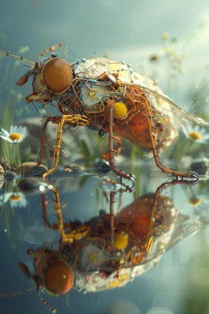 In a surreal meadow, nature and technology intertwine harmoniously Insects, adorned with iridescent wires and intricate circuitry, flutter amidst towering flowers adorned with digital displays The vibrant interplay of nature&#39;s beauty and human ingenuity creates a captivating spectacle, inviting viewers into a realm of enchantment and technological wonder AI Generativeの素材