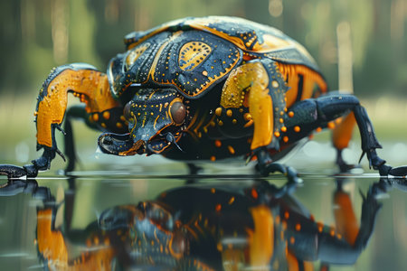 Unveiling the intricate artistry of nature and engineering, this captivating macro masterpiece captures the stunning details of a robotic-inspired insect perched upon a reflective surface Set against a serene natural backdrop, the image showcases the precision and elegance of biomimicry, inviting science and art enthusiasts alike to marvel at its captivating beauty and innovative design AI Generativeの素材