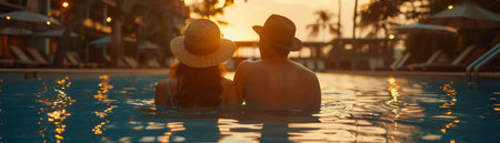 Romantic Evening at the Poolside A Couple Enjoying a Serene Sunset Amidst a Tranquil Resort Setting with a Warm Golden Glow AI Generativeの素材