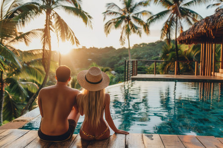Romantic Tropical Getaway Couple Enjoying Sunset by Infinity Pool Amidst Lush Palm Trees in Serene Island Resort Paradise AI Generativeの素材