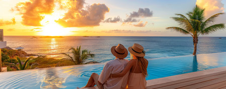 Escape to a secluded coastal paradise where tranquil turquoise waters meet soft, sandy shores Immerse yourself in the serenity of the infinity pool as the sun dips below the horizon, casting a warm glow across the ocean and painting the sky in vibrant hues A couple, adorned in sunhats, relaxes on the poolside lounge chairs, enjoying the breathtaking sunset views and the gentle sea breeze The tranquility of the moment invites you to unwind, rejuvenate, and create lasting memories in this tropical oasis AI Generativeの素材