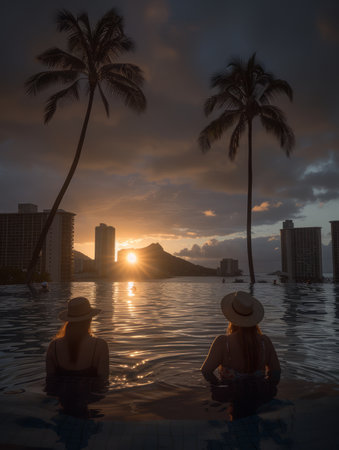 Immerse yourself in the serenity of a breathtaking sunset paradise Two distant figures bask in the vibrant hues as the sun gracefully descends over a picturesque cityscape Silhouetted palm trees sway gently, casting elongated shadows across the tranquil waters that mirror the vibrant sky Lose yourself in the mesmerizing tranquility of this unforgettable moment AI Generativeの素材