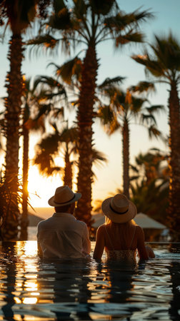 Sunset Romance Couple Enjoying a Tranquil Evening in a Tropical Paradise with Palm Trees and Beautiful Silhouettes AI Generativeの素材