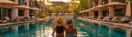 Indulge in the ultimate luxury beach escape at this exclusive beachfront resort Bask in the warm glow of sunset as you relax by the tranquil pool, surrounded by lush tropical gardens Create unforgettable memories with your loved one amidst the serene ambiance of this tropical paradise, where breathtaking views and impeccable service await AI Generativeの素材