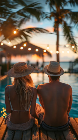Romantic Sunset by the Beach A Couple Enjoying the Golden Hour by the Pool with Palm Trees, String Lights, and Ocean Views AI Generativeの素材