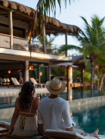 A couple strolls along a secluded beach, their feet sinking into the soft sand The sun dips below the horizon, casting a warm glow over the landscape Palm trees sway gently in the breeze, their towering fronds forming a canopy of green against the vibrant sky The air is filled with the sound of crashing waves and the sweet scent of tropical flowers, creating a serene and romantic ambiance AI Generativeの素材