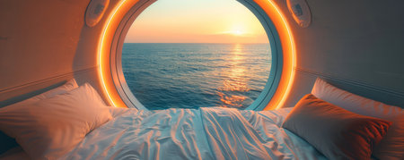 Immerse yourself in a breathtaking coastal haven as the vibrant hues of sunset paint the sky A cozy circular window frames the mesmerizing ocean vista, inviting you into a tranquil sanctuary Warm lighting casts a comforting glow upon the plush bedding, creating an irresistible allure for rest and rejuvenation Step into this dreamy escape and savor the serenity of seaside bliss AI Generativeの素材