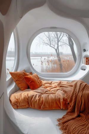 Immerse yourself in a tranquil and futuristic haven within the confines of a sleek minimalist pod home The spacious interior features a panoramic circular window that frames breathtaking nature views, inviting the outdoors in Plush fabrics and soft lighting create a cozy ambiance, while modern furnishings add a touch of sophistication to this contemporary abode AI Generativeの素材
