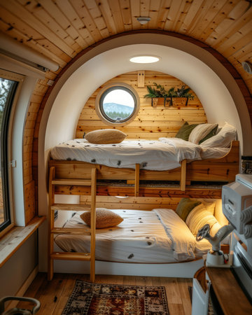 Nestled amidst nature, this charming tiny house exudes coziness and rusticity Its warm wooden interior, adorned with a circular window, bathes the space in natural light Bunk beds offer functional sleeping arrangements, while the minimalist design showcases comfort and eco-friendliness AI Generativeの素材