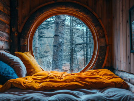 Nestled amidst a serene forest, this cozy cabin retreat offers a tranquil escape A majestic circular window frames breathtaking forest views, inviting nature lovers to immerse themselves in serenity Ideal for relaxation, meditation, and rejuvenation, it&#39;s a sanctuary where tranquility and inspiration intertwine AI Generativeの素材