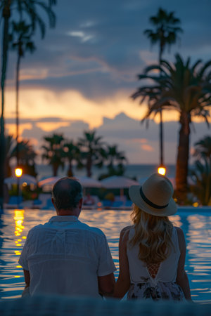 Romantic Evening by the Poolside A Sunset View with a Couple Relaxing by the Water, Surrounded by Tropical Palm Trees and Illuminated by Gentle Lanterns Offering a Serene and Peaceful Atmosphere AI Generativeの素材