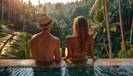 Tropical Getaway Couple Relaxing in Exotic Jungle Resort Infinity Pool at Sunset, Immersed in Nature&#39;s Beauty, Romantic Vacation Retreat, Relaxation and Serenity Amidst Lush Greenery and Tranquil Atmosphere AI Generativeの素材