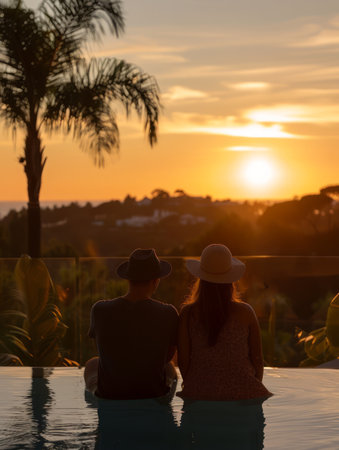 Serene Sunset Romance Couple Sitting Poolside with Stunning Views of Palm Trees and Horizon in the Golden Light of Evening during a Romantic Getaway AI Generativeの素材