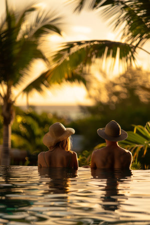 Indulge in a moment of serene bliss as a couple basks in the warm, golden glow of a tropical sunset Immersed in an infinity pool, surrounded by swaying palm trees, they find tranquility amidst the lush, verdant surroundings of an exotic beachside resort The tranquil atmosphere invites relaxation and rejuvenation, creating the perfect escape for those seeking respite and connection to nature AI Generativeの素材