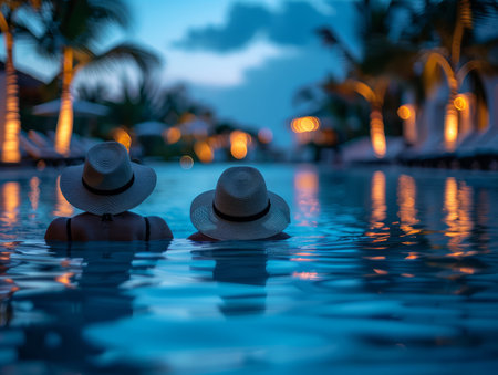 Under the warm glow of ambient lights, a couple relaxes in a tranquil resort pool, surrounded by lush palm trees The setting sun casts a golden hue on the water, creating an idyllic tropical paradise They lean back, enjoying the gentle embrace of the water and the soothing sounds of nature, letting all their worries melt away AI Generativeの素材