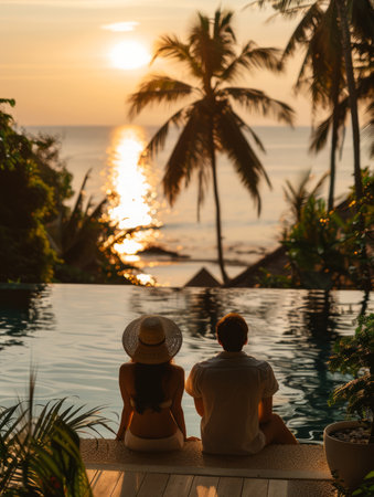 A couple basks in the serene embrace of a tropical paradise, where palm trees sway gently in the warm breeze As the sun dips below the horizon, casting golden hues across the tranquil waters, they relax in the opulent poolside setting The gentle lapping of waves against the shore and the refreshing aroma of ocean air create an idyllic ambiance for their dream vacation AI Generativeの素材