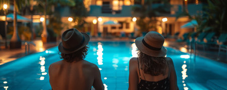 Relaxing Evening by the Illuminated Poolside A Serene Getaway Destination for Couples Enjoying the Night at a Tropical Resort, Perfect for a Romantic Vacation or a Luxurious Retreat Amidst Nature AI Generativeの素材